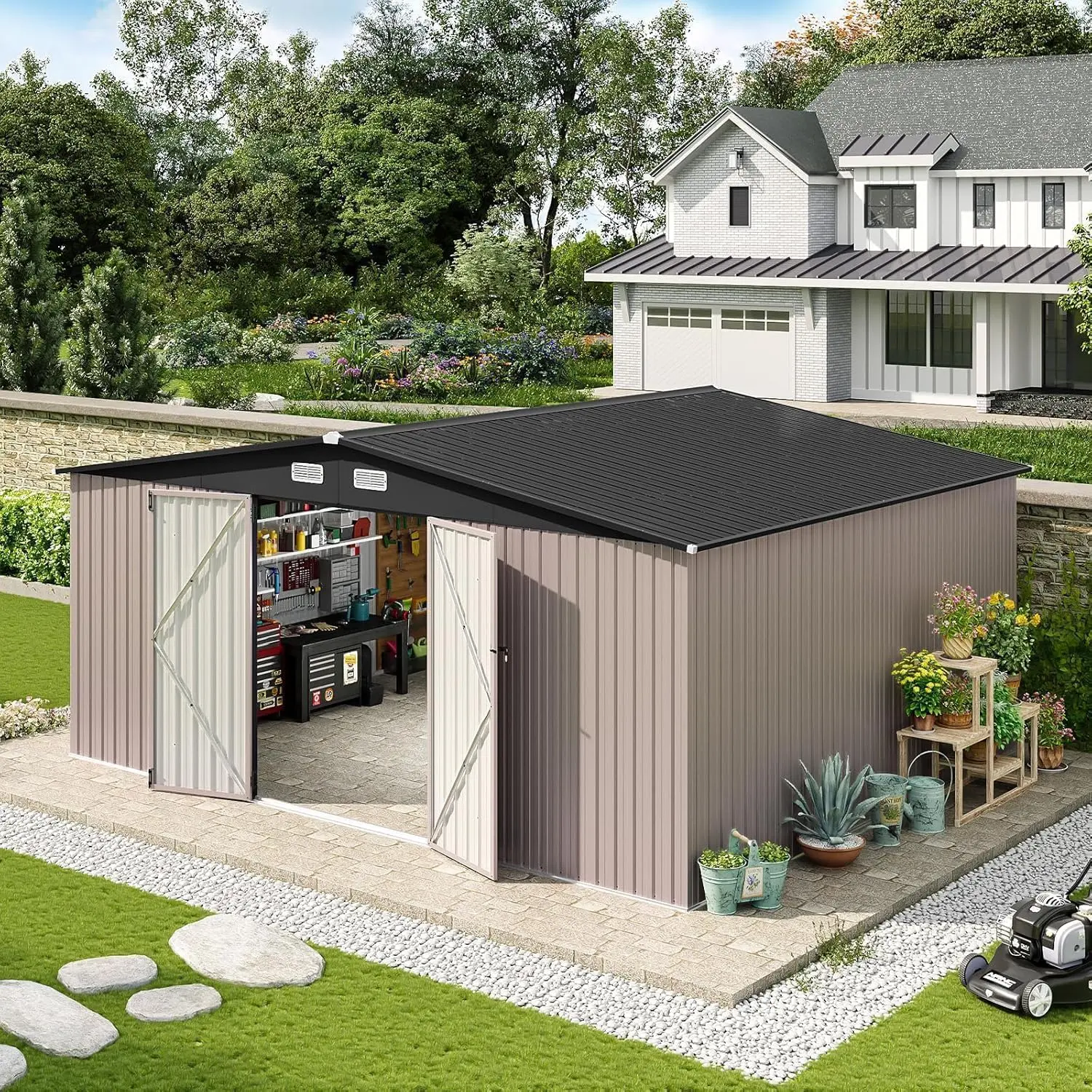 Outdoor Storage Shed, Aoxun Metal Garden Tool Shed with Large Lockable Double Doors and Sloped Roof, Weatherproof Heavy Duty Utility Shed for Backyard, Patio, Lawn and Garden, Brown