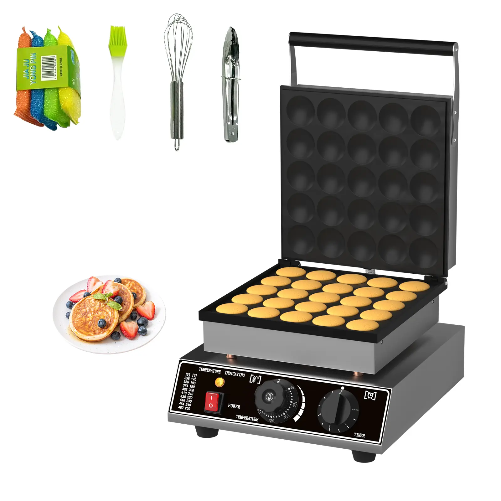 Professional Stainless Steel Pancake Maker & Crepe Griddle Set, Non-Stick Electric Breakfast Machine with Whisk, Tongs & Brush, Compact Design for Home Coffee Bar Station