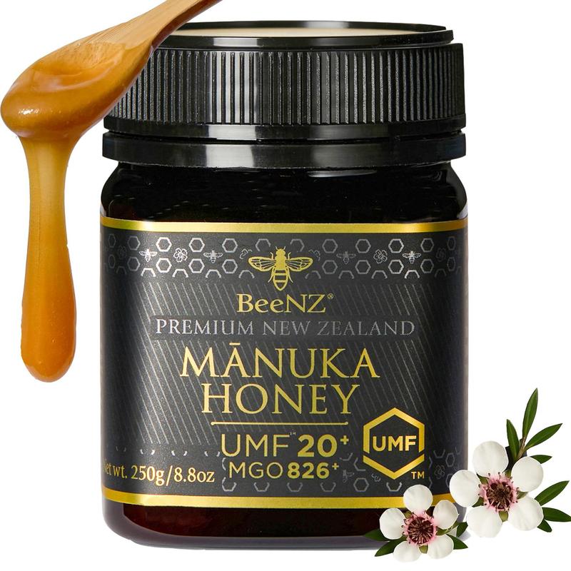 BeeNZ Raw Manuka UMF20+ (MGO 826+) Honey - Pure New Zealand Manuka Honey, No Sugar Added, Natural Sweetener & Superfood for Wellness, Immunity and Skin Care Support - Bold earthy mineral flavor. Healthy