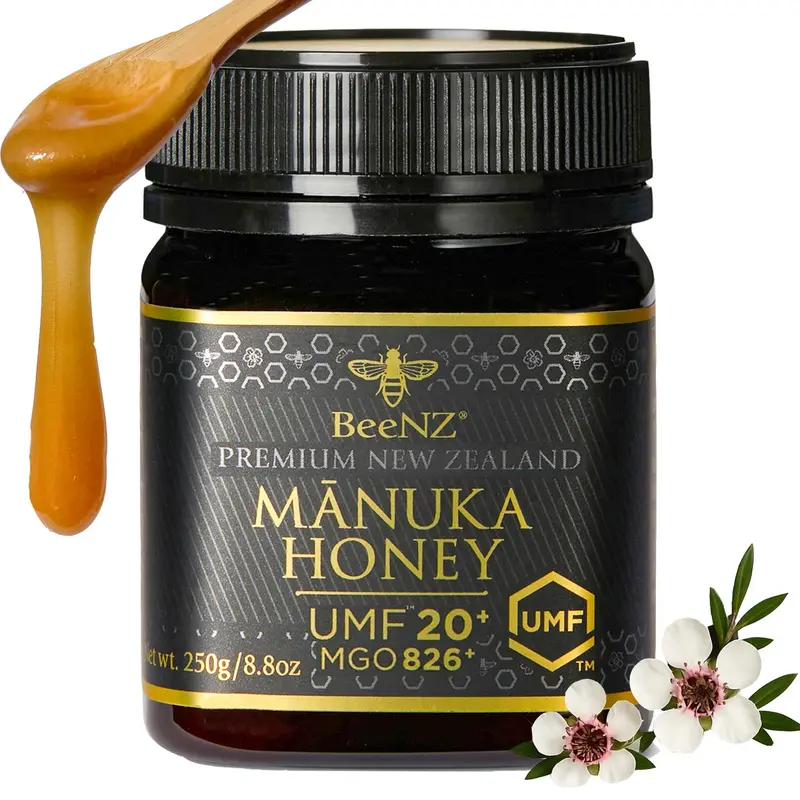 BeeNZ Raw Manuka UMF20+ (MGO 826+) Honey - Pure New Zealand Manuka Honey, No Sugar Added, Natural Sweetener & Superfood for Wellness, Immunity and Skin Care Support - Bold earthy mineral flavor. Healthy