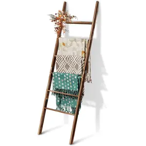 6-Tier Blanket Ladder Wooden, 5.7FT(66.5'') Blanket Quilt Towel Holder Rack Decorative Ladder, Easy Assembly, Rustic Farmhouse Ladder Shelf for The Living Room Bedroom Bathroom  Decor, Brown