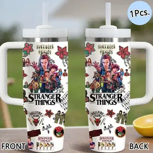 Classic Tv Stranger Things Vacuum 40oz Stainless Steel Thermal Tumbler with Handle & Straw, Hydration Tumbler, Insulated Drinkware, Vacuum Insulated Cup Keeps Drinks Cold Up to 12 Hours, Leak-Resistant for Iced Coffee, Water, Office, Gym or Travel