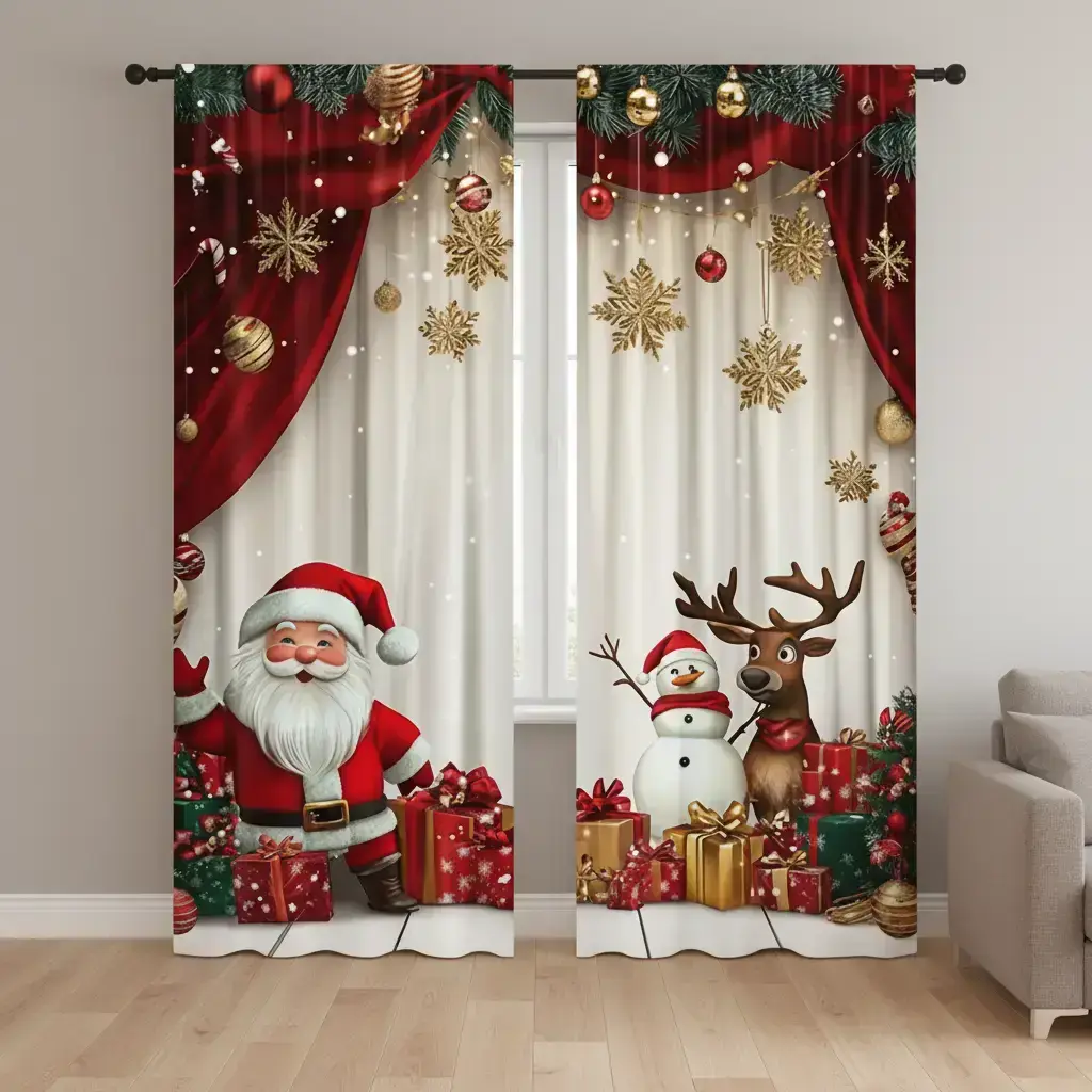 2-Piece set, 2D flat print, cartoon Santa design, Christmas theme, rod pocket design, suitable for multi-room, bedroom, living room, kitchen, home decoration, Christmas decoration, Merry Christmas curtains, Window Curtain