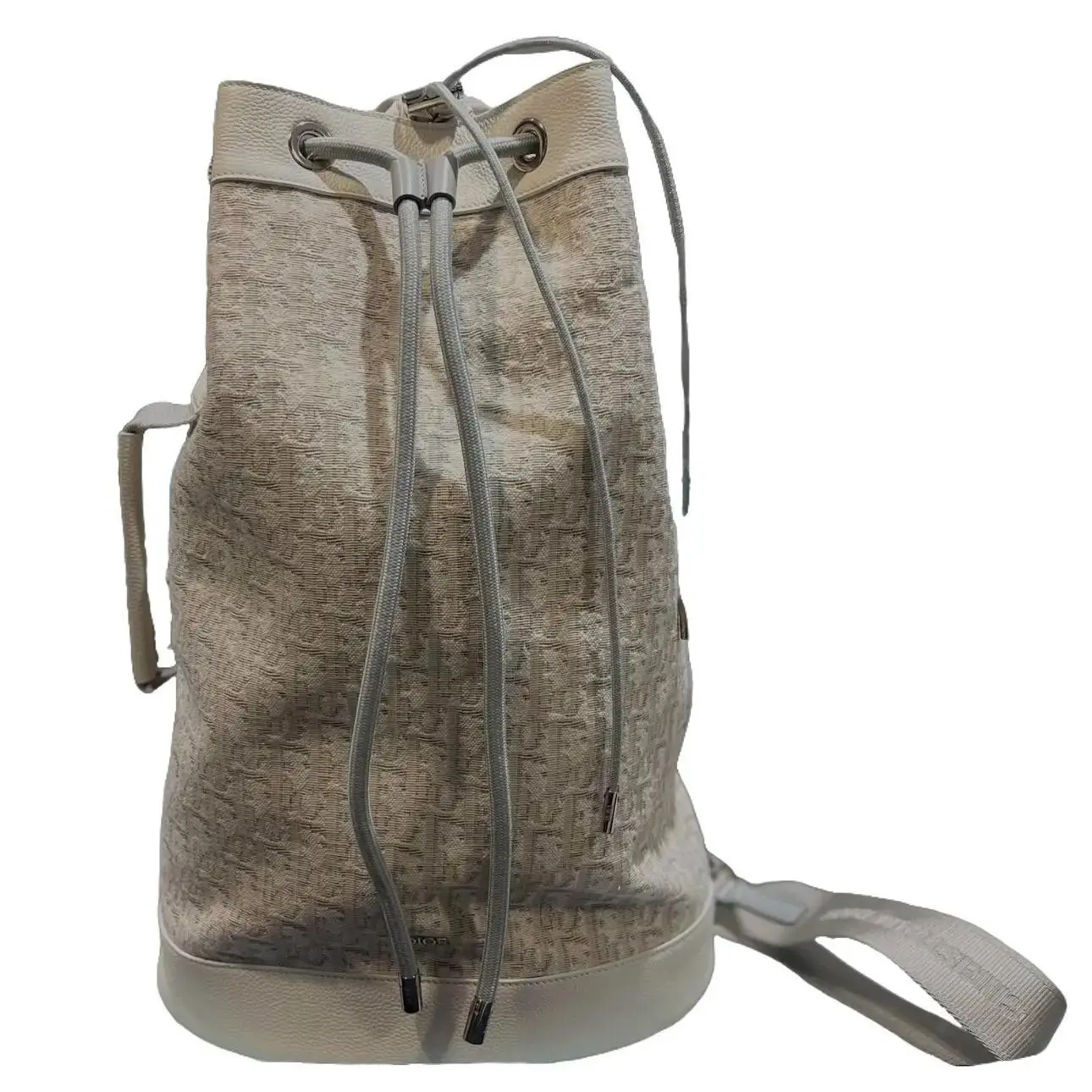 Pre-owned Dior Canvas & Leather Bucket Bag Christian White Duffle Bucket Overnighter Travel Bag with Signature Oblique Pattern & Adjustable Strap