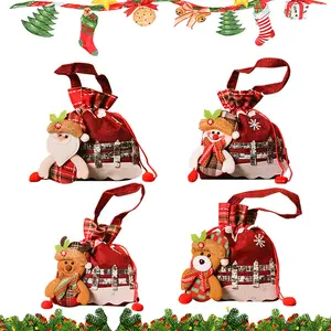 4 Pcs Christmas Drawstring Gift Bags Reusable Fabric Goody Candy Bags with Handles Cute Santa Snowman Reindeer Elk Bear Design Apple Wrap Bags for Christmas Eve Parties Events Holiday Wrapping