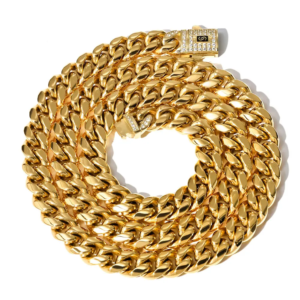 14k Gold Plated Miami Cuban Link Chain Necklace Stainless Steel Iced Out Clasp Hip Hop Jewelry for Men Women 8/10/12/14mm Thickened Unisex Gift