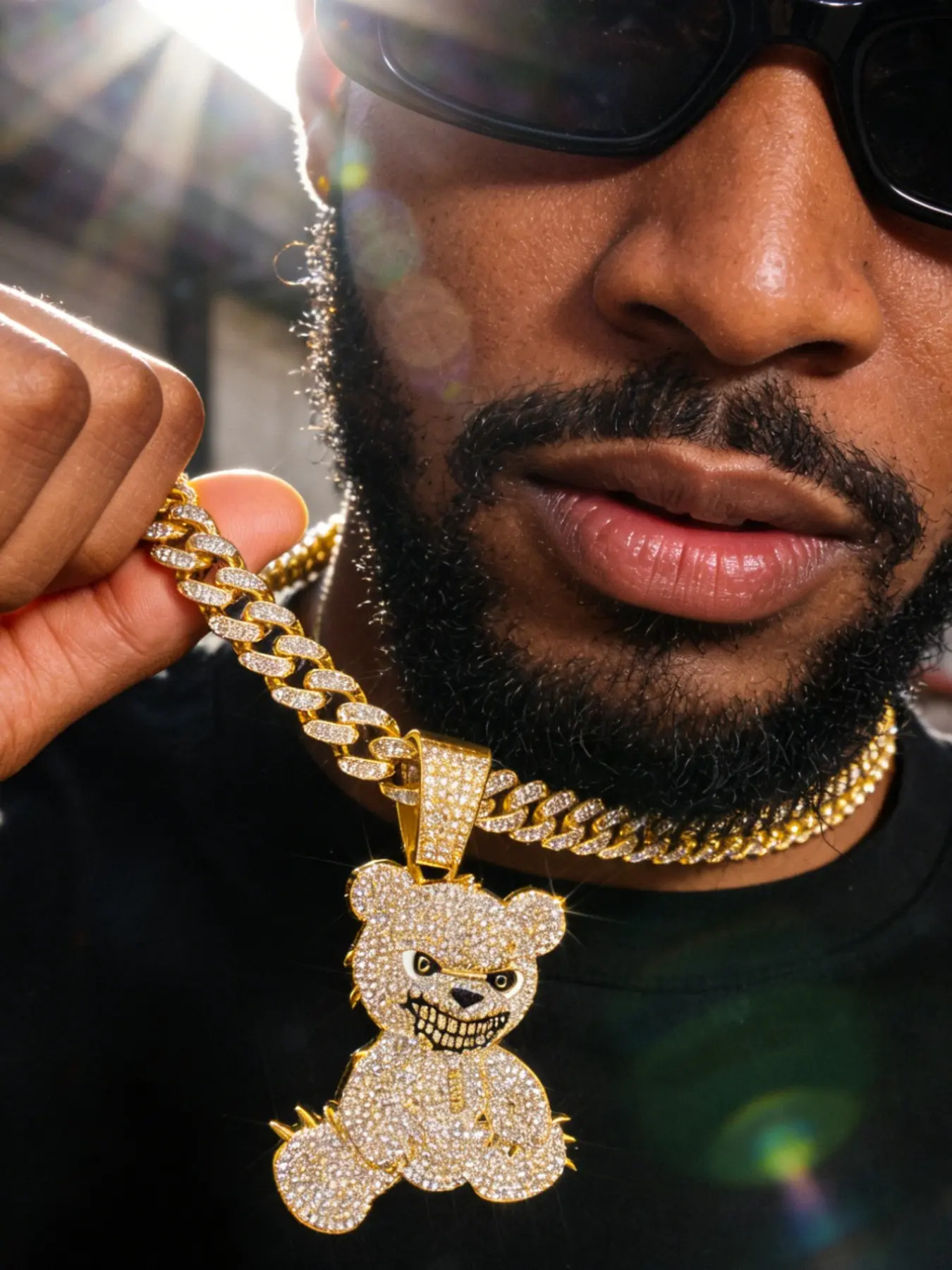 1 full diamond sparkling polar bear pendant necklace, Bling necklace, men's street cool Cuban chain, rapper hip-hop style accessory