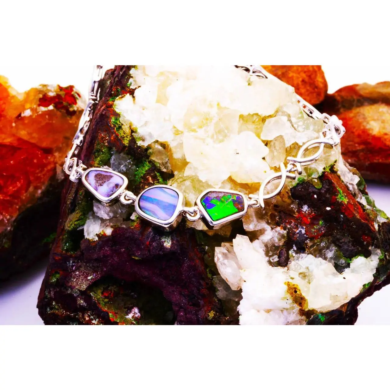 ROCK MARBLE 3 OPAL STERLING SILVER SOLID AUSTRALIAN BOULDER OPAL BRACELET