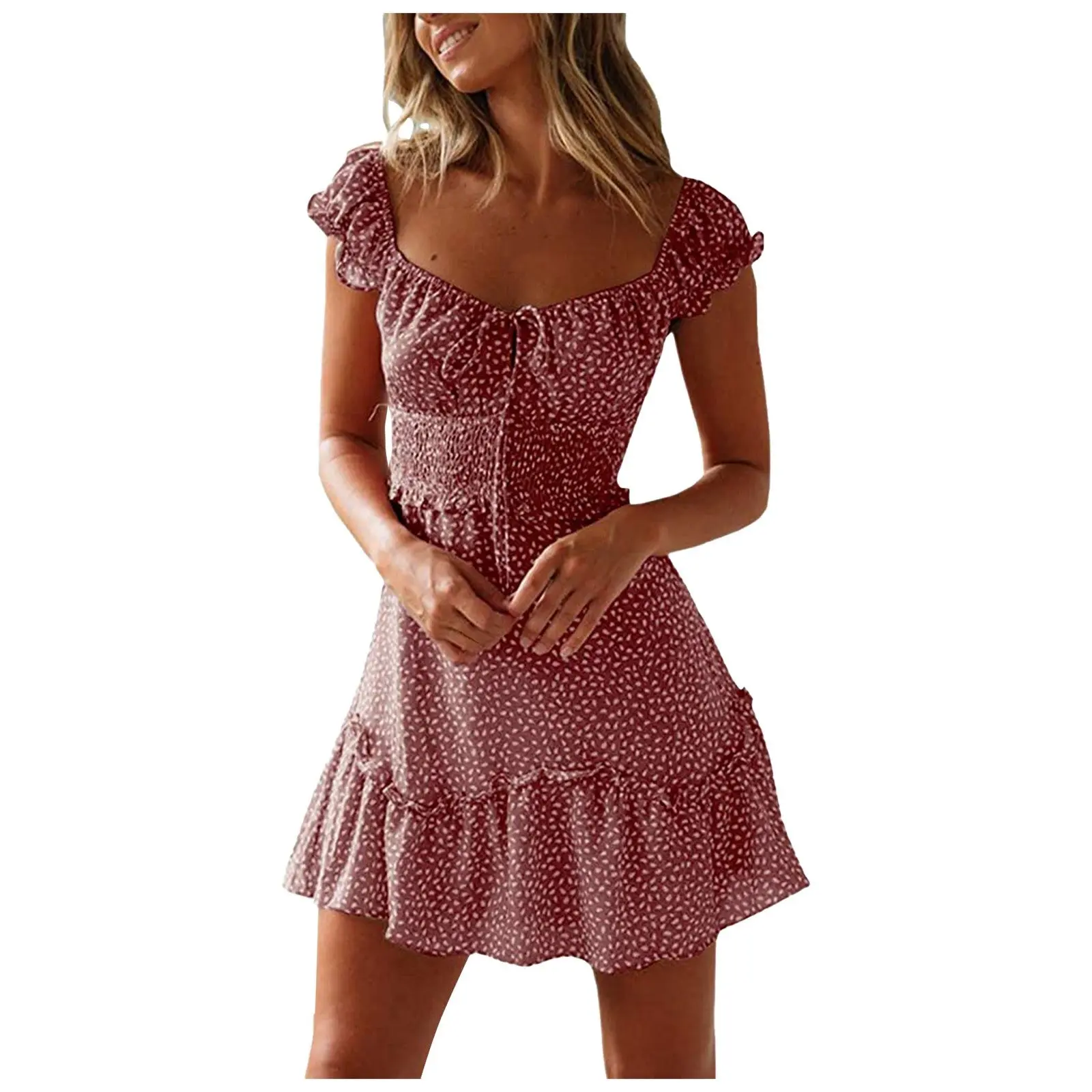 Women's High Waist Casual Cotton Short-Sleeved U-Neck Dress - Splicing Ruffles, Floral Full Print Casual Dresses, 1-Piece Womenswear, Lotus
