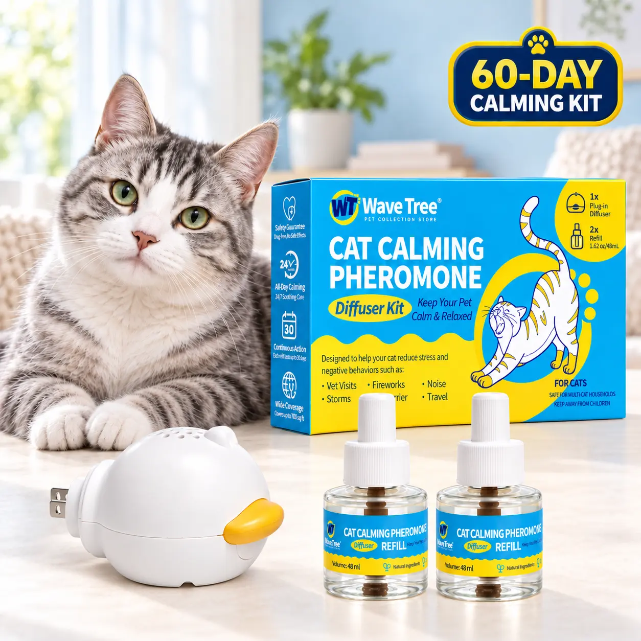 WaveTree Cat Calming Pheromone Diffuser Refill Kit (4 Pack, 120-Day Supply) - 48 mL/Bottle Odorless Non-Toxic Fragrance Liquid, Stress Relief for Meowing & Pee Spraying During Environmental Changes, Ideal for Living Rooms - TikTokShopBackToSchool