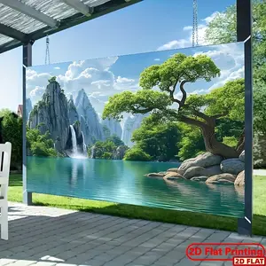 2D Flat Banner, 1pc Scenic Mountain Landscape Garage Door Mural - Vibrant Waterfall & Lush Greenery Polyester Outdoor Decoration, No Electricity Needed, Perfect for Courtyard Parties & Festive Events, Outdoor Hang