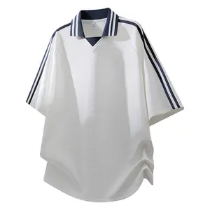 Japanese-style relaxed loose fit, retro breathable mesh fabric, comfortable skin-friendly material, color-block three-stripe design, notched lapel collar, patchwork styling, suitable for students, versatile everyday sporty casual style, half sleeves summe
