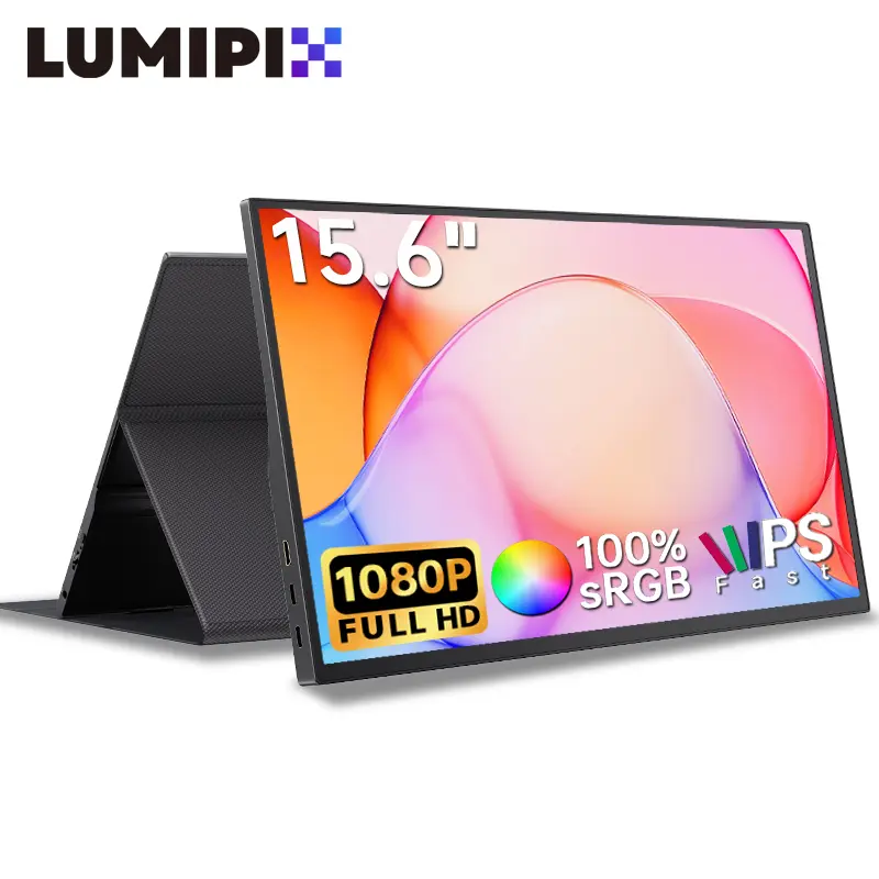 LUMIPIX | S Stand-equipped model & leather case｜15.6" Portable Monitor 1080P FHD IPS | 250 Nits Brightness | Adjustable Kickstand with VESA Mount | USB-C HDMI, Dual Speakers | Ultra-Slim Travel Laptop Second Screen for Phone PC PS5 Switch | Workfromhome