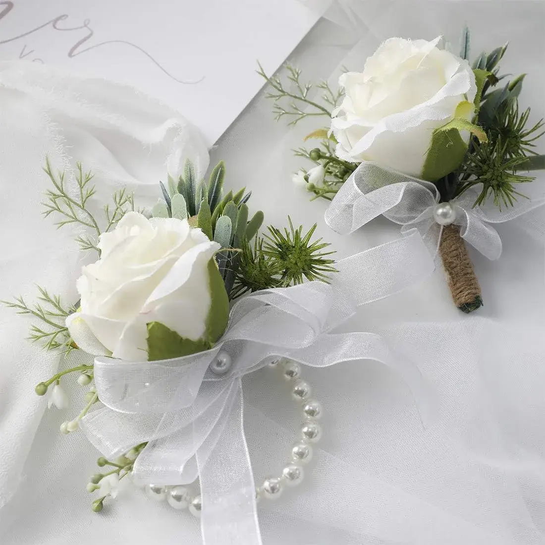 Handcrafted White Rose Corsage and Boutonniere Set, Faux Silk Floral with Adjustable Pearl Bracelet for Formal Wedding or Prom Ceremony, Floral Add-Ons, Rustic Look, Set Pack, 1 Boutonniere & 1 Wrist Corsage, 1 Set
