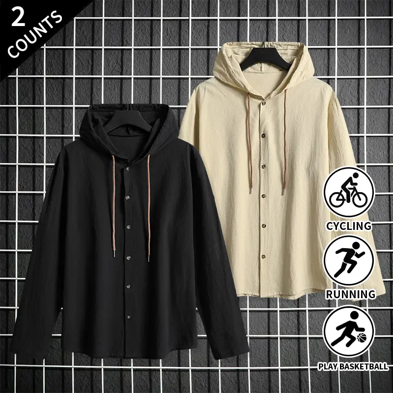 2-Pack Retro Hooded Long-Sleeve Button Shirts for Men — Skater/Grunge/Hip Hop Street Style Tops, Lightweight, All-Season Outdoor Workout Shirts