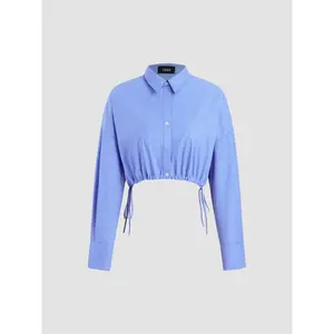 Cider Collar Solid Button Long Sleeve Crop Blouse