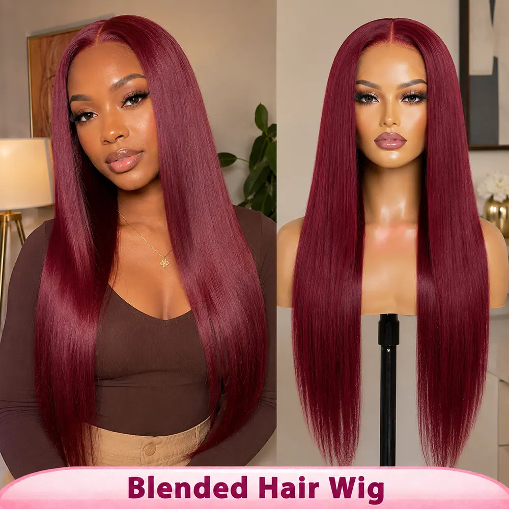 99J Burgundy Red Straight Lace Front , Synthetic Human Hair Blend 13x4 Lace Frontal  for Women, 220% Density Pre Plucked with Baby Hair, Glueless Wear And Go  budget friendly wig hd transparent lace Frontlace Wig Lace Braiding Wig lace deep