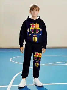Boys 3D Printed Long Sleeve Hoodie Set, Youth Kits, Football Star Athlete Design, Casual Spring & Fall Fashion, Youth Clothing