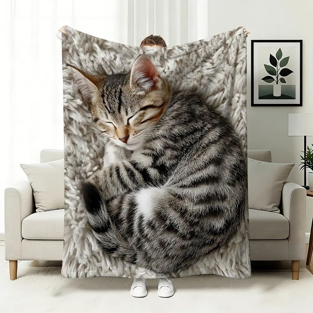 Sleeping Kitten Blanket, Soft Flannel Throw Blanket with Realistic Cute Tabby Cat Print, Cozy Gift for Cat Lovers Cat Moms Girls Kids Teens, Pet Lover Blanket for Bed Couch Sofa Bedroom Dorm, Warm Lightweight Blanket for Movie Night