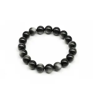 Silver Obsidian Bracelet Handmade Gemstone Crystal Bracelet Elastic Rope Braided Natural Glass Material Suitable for Men and Women