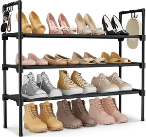 3 Tier Shoe Rack Organizer (27.8”x12”x28.4”) with 5 Hooks – Space Saving Shoe Storage Shelf for Closet, Entryway, Garage & Dorm