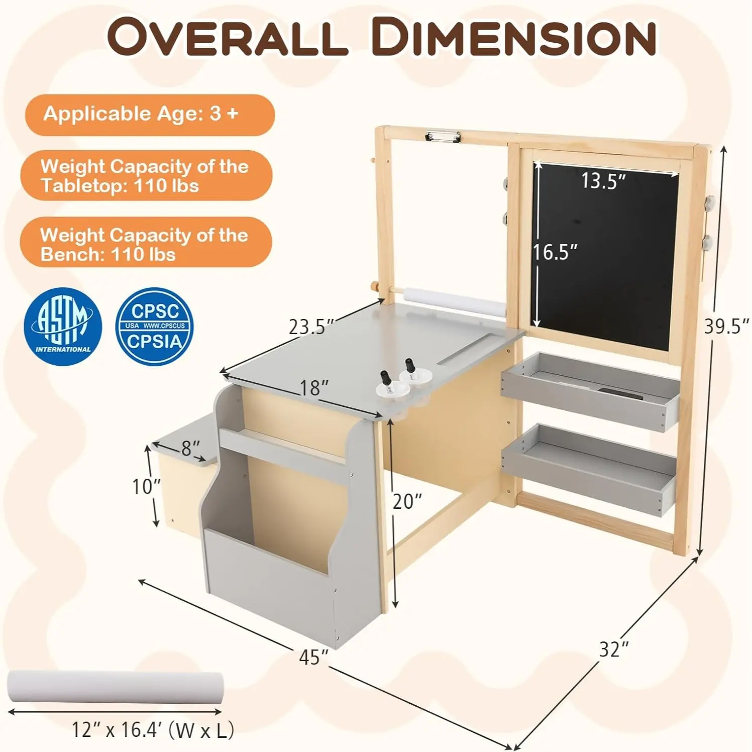 Grey -Art Center w/ Double-Sided Easel & Bookcase