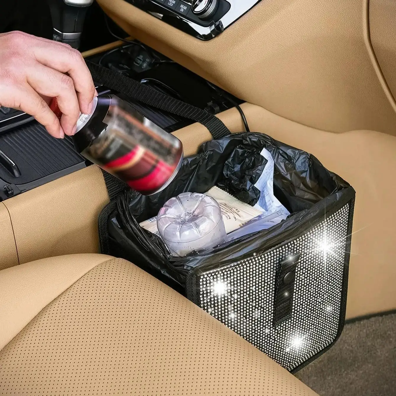 Bling Rhinestone Decor Foldable Trash Can for Car, Portable Large Capacity Car Garbage Bin, Girl Car Essentials Bag, Car Organization Supplies, Car Ac