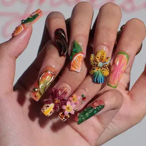 Summer Press on Nail with Citrus & Leopard Print | 3D Orchid Flower Fake Nail in Long Square | Handmade Nail for Holiday, Vacation, Birthday