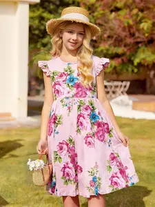 Tween Girl Summer Floral Print Dress, Floral Printed Dress, Comfortable Casual Short Sleeve Round Neck, Perfect for Birthday Party Picnic