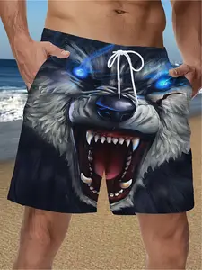 Men's extra-large and extra-extra large 3D printed pattern shorts - Bold wolf design, featuring blue eyes and white fur, breathable polyester beachwear, adjustable waist design, machine washable, adjustable swimsuit, wolf pattern shorts, polyester shorts