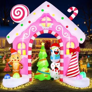 10Ft Waterproof Outdoor Holiday Gingerbread Inflatable Archway, Home & Party Decoration Supplies with Built-in Colorful LED Mood Lights, Pink Art Deco Inflatable for Photo Use