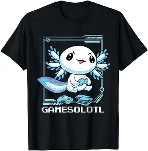 [100% Cotton] Cute Blue Axolotl Gaming Pixel Art Gamer T-Shirt With Retro Controller Design