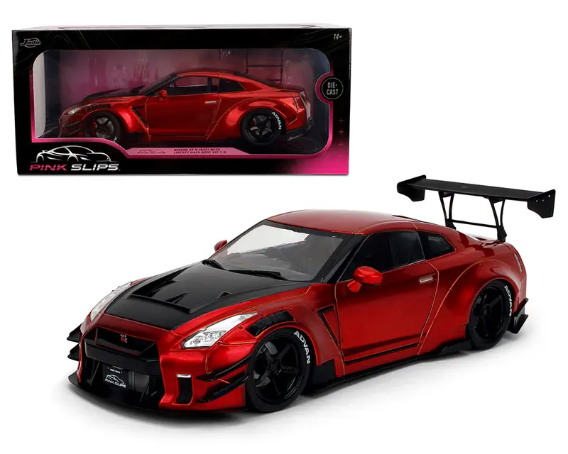 1:18 Nissan GT-R (R35) Liberty Walk Body Kit 2.0 – Candy Red with Carbon Black Hood Pink Slips by Jada