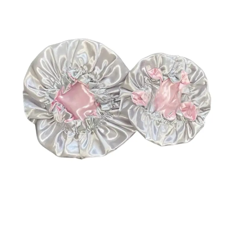 Reversible Silk Satin Bonnet – Mommy & Me (Adult + Kids) | Frizz Control Sleep Cap | Premium double-layer silk satin for long-lasting durability. (Gray + Pink)