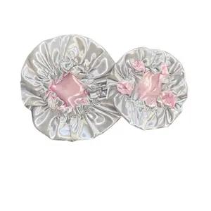 Reversible Silk Satin Bonnet – Mommy & Me (Adult + Kids) | Frizz Control Sleep Cap | Premium double-layer silk satin for long-lasting durability. (Gray + Pink)