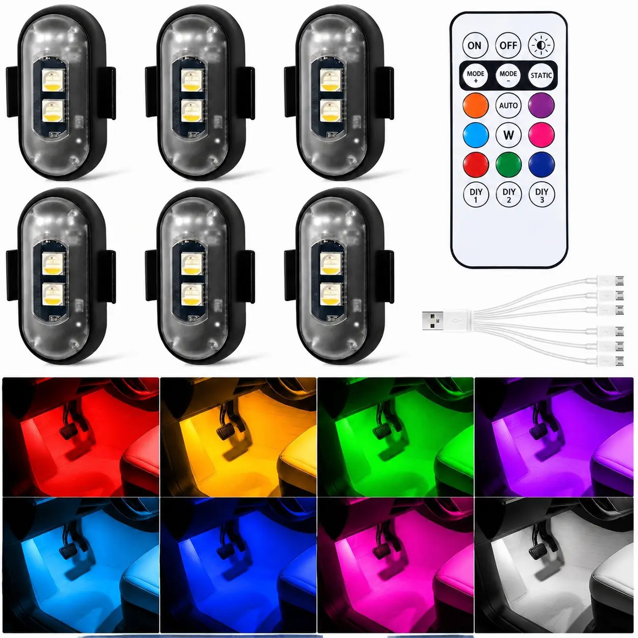 Wireless LED Strobe Lights, 6 Pack RGB Flashing Lights, 8 Colors 10 Modes, USB Rechargeable Remote Control Car Lights, Waterproof Magnetic Auto Accessories for Truck Motorcycle