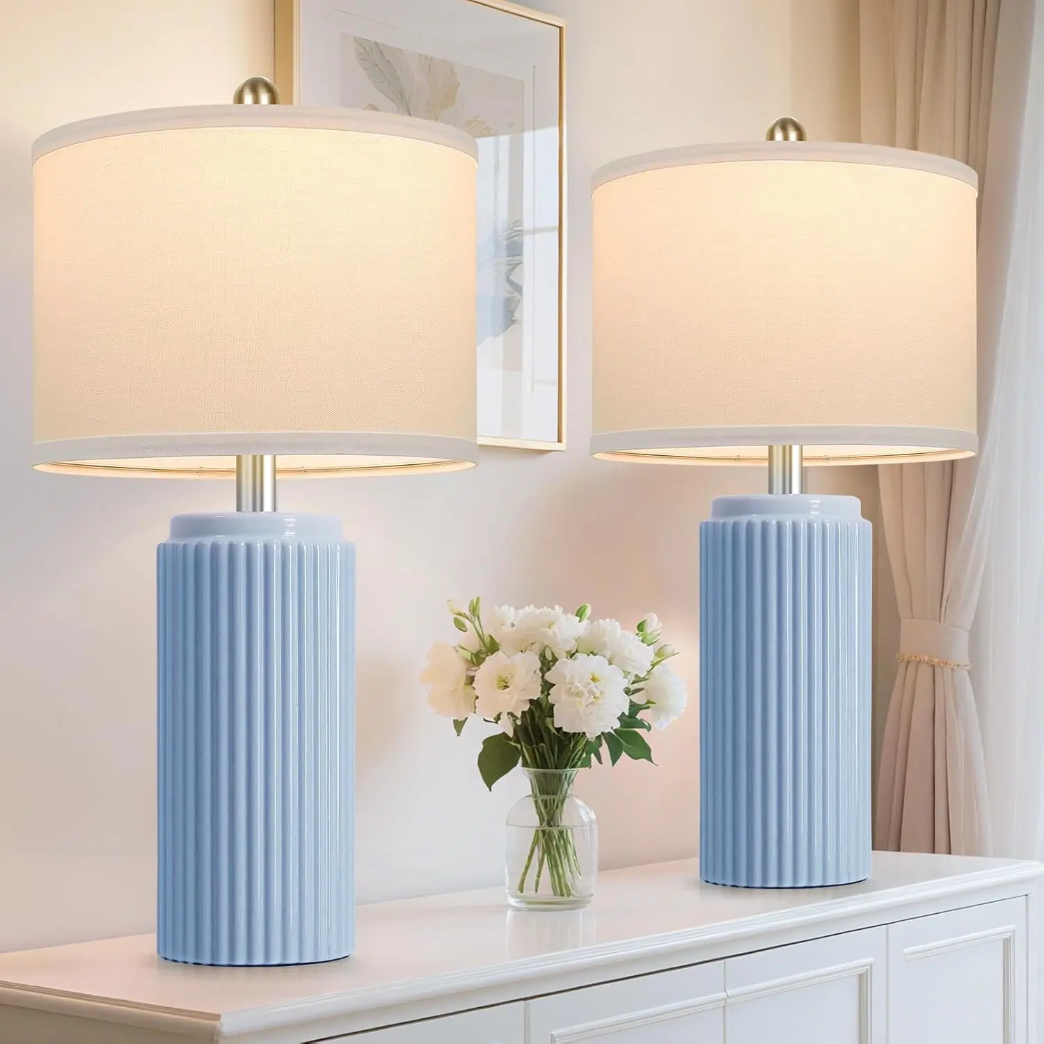MATULSA 23.5in Farmhouse Ceramic Decorative Table Lamp Set of 2 with Linen Lampshade, Rustic Elegance Bedside Lamps for Living Room, Housewarming Gifts for Family, Birthday Gift Ideas for Friends