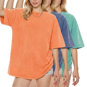 Unisex loose T-shirt/top 3-piece set — acid-washed cotton, crew neck short sleeves, summer casual loose fit, solid color street style, comfortable basic top