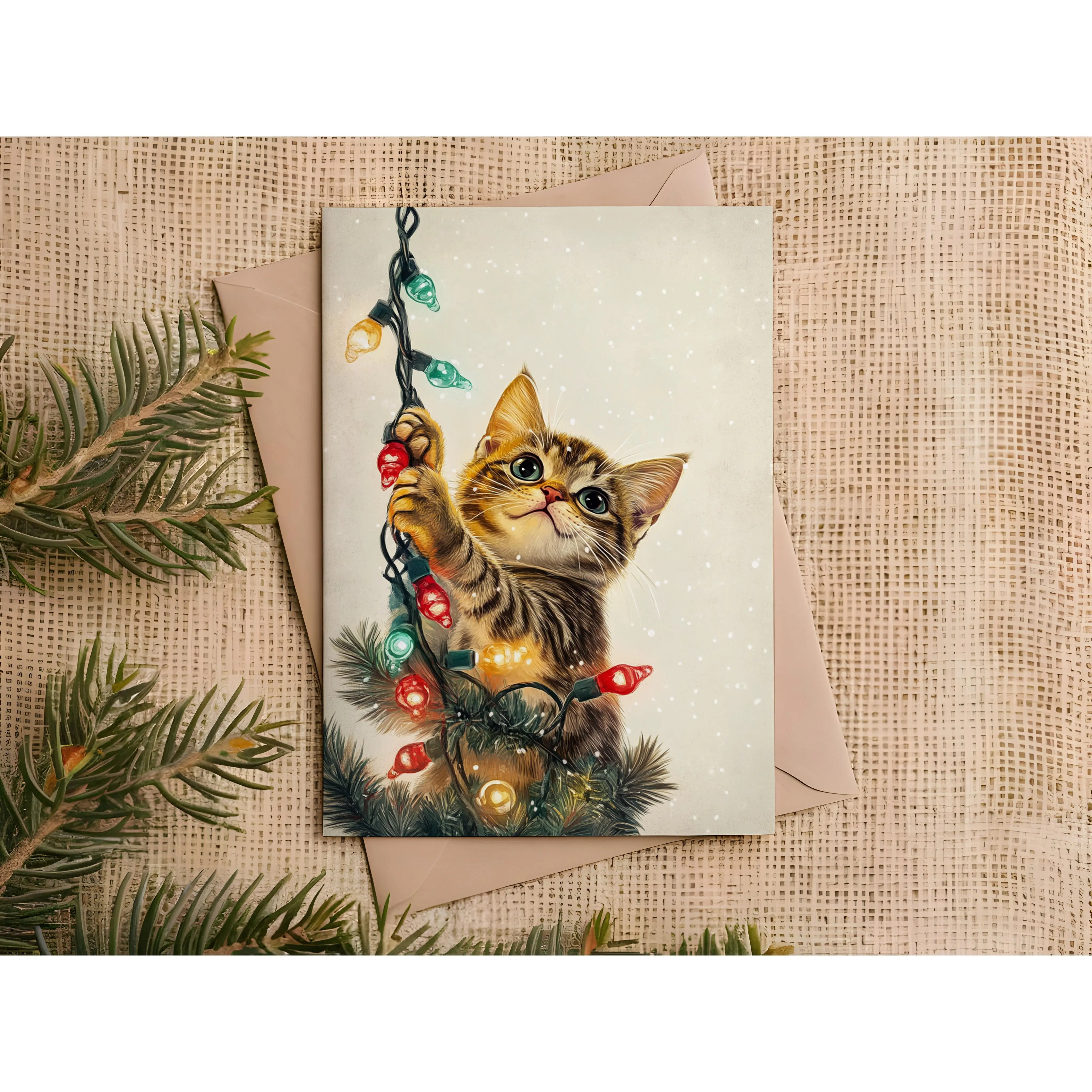 Cat in the Christmas Lights Card