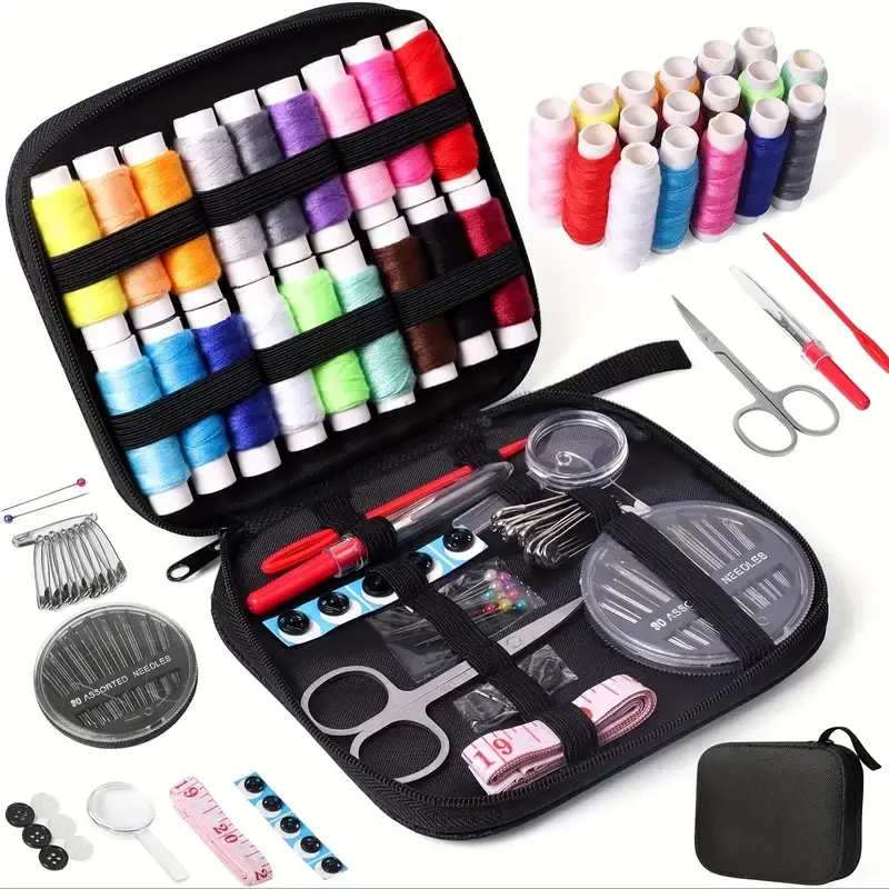 80-Piece Compact Hand Sewing Craft Kit - Portable Pouch, Multi-Color Kit Hand Needles, Thread, Thimble, User-Friendly Design Mending Tools for Basic Sewing Tasks, Hand Sewing Tasks, Versatile Tools