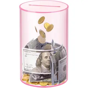 Clear Acrylic Piggy Bank for Adults Kids, Clear Money Saving Jar Must Break to Open, Unopenable Piggy Bank for Cash Coins (Pink, 8" H × 5" Diameter)