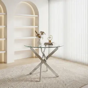 Round Dining Table, 35.5" Glass Dining Table with Silver Legs, Modern Kitchen Table for Home Kitchen, Dining Room
