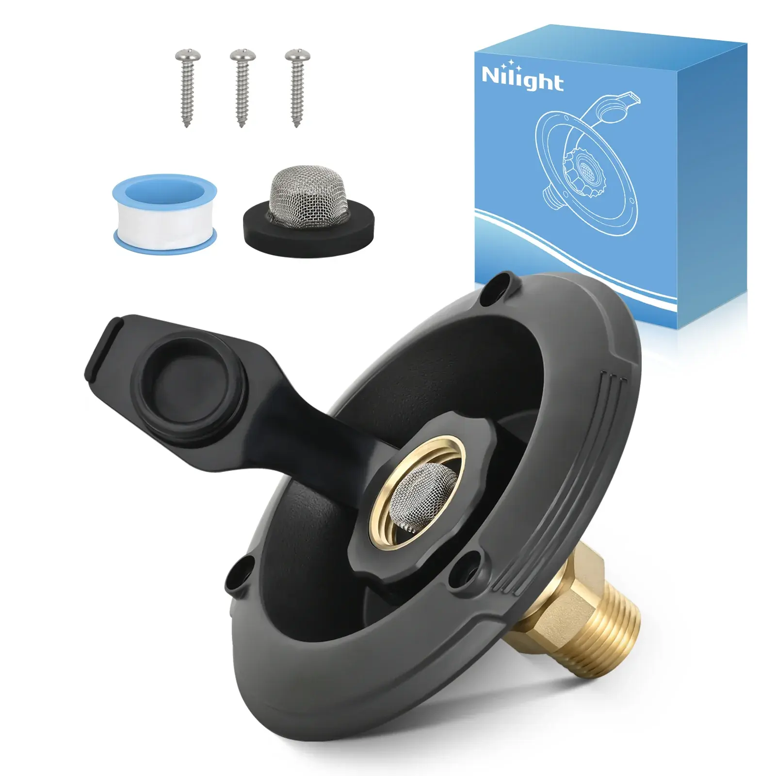 Nilight Durable RV City Water Inlet with Check Valve, Leakproof Brass Flange Connector Tap, 1/2In NPT Male to 3/4In GHT Female Fittings, 4.7In Large Size, Easy Installation with 3 Screws for RV, Trailers, Yachts Hose Replacement