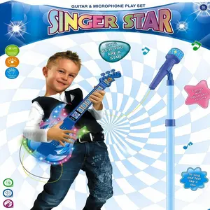 Guitar Microphone 2-In-1 Colorful Lights Performance Instrument Toy, Indoor Parent-Child Singing Karaoke Interactive Game, Singer Star Themed