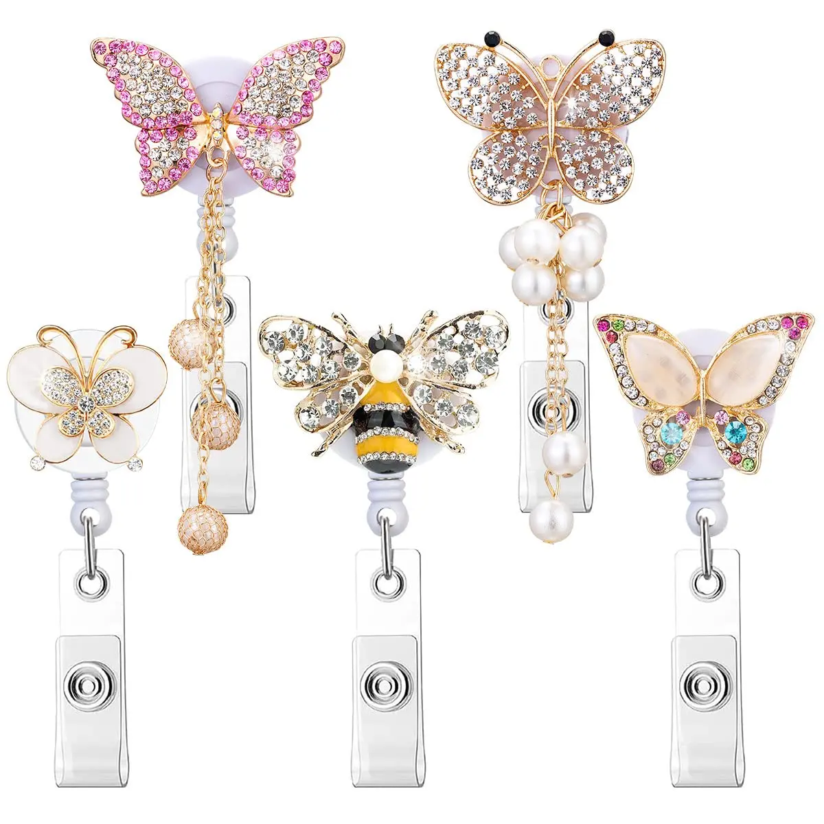 5 Pack Crystal Badge Holders Retractable Badge Reel,Bling Rhinestone Butterfly and Bee ID Name Badge Reels,Pretty Nursing Badge Holder with Alligator Clip for Nurse Teacher Student Worker