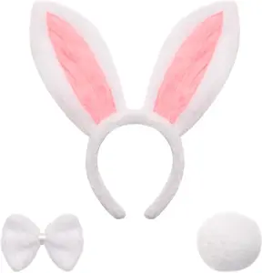 Bunny Ears Headband with Tail and Bow Tie Furry  Ear Headband Adult Women  Dress Up Costumes Accessories for Easter Halloween Birthday Party