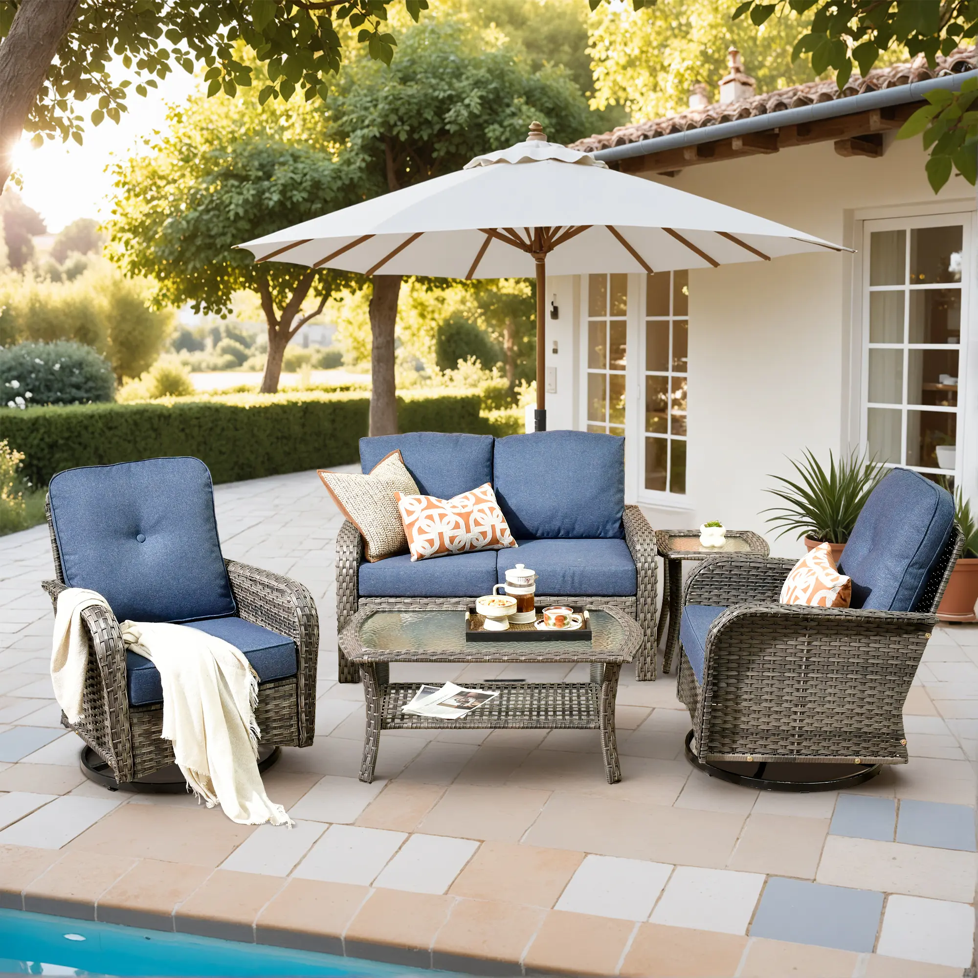 CAODOC 5PCS Patio Furniture Set with Thick Cushion, Outdoor Furniture with Rocking Swivel Chairs, Side Table, Sofa, 5pcs Wicker Conversation Set for Deck Yard and Poolside