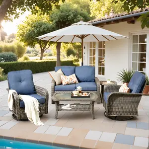 CAODOC 5PCS Patio Furniture Set with Thick Cushion, Outdoor Furniture with Rocking Swivel Chairs, Side Table, Sofa, 5pcs Wicker Conversation Set for Deck Yard and Poolside