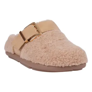 GC Shoes Women's Patsy Tan Flat Plush Textured Upper Cushioned Footbed Slip-On Comfortable Casual Outings with Bold Buckle Accent