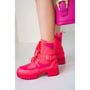 Hot Rod Chunky Heel Combat Boots - Platform Lace Up Ankle Boots - Pink
